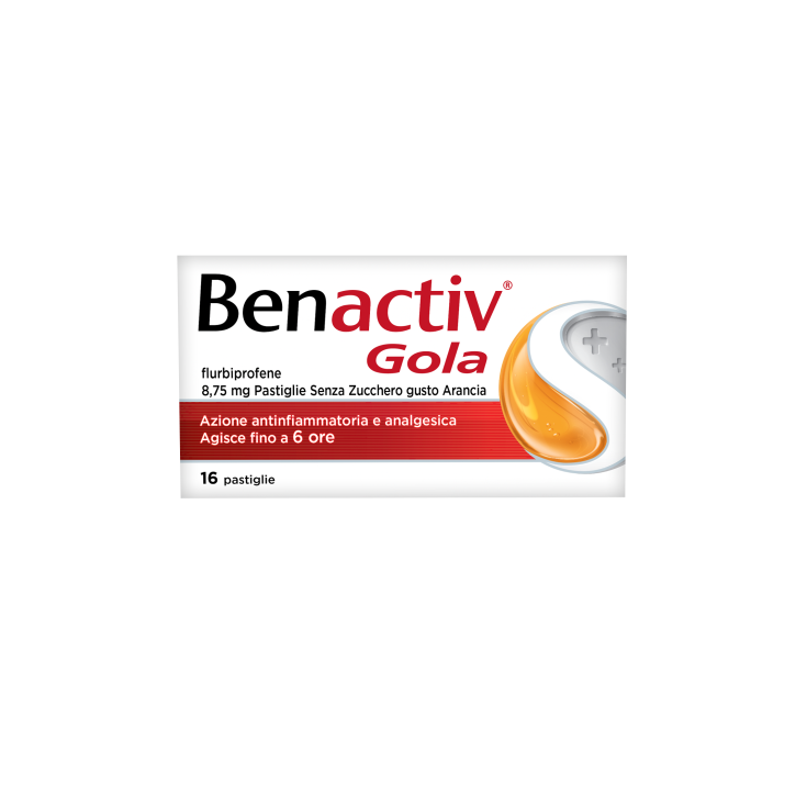 Benactiv gola 16 Pastiglie per il Mal di Gola gusto Arancia senza zucchero