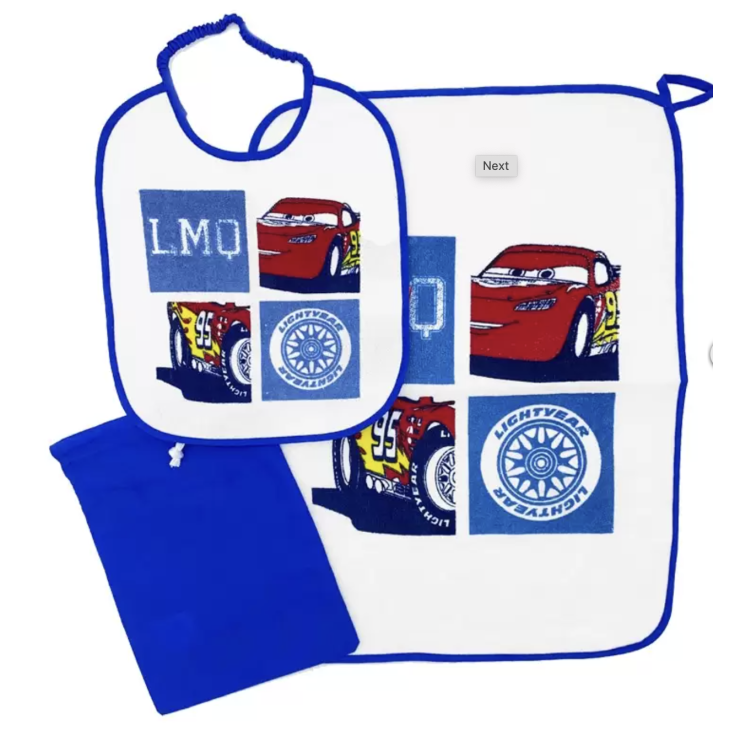 Sacca Bavetta Tovaglietta Cars Blu Saetta Mc Queen Set Asilo 3 Pezzi