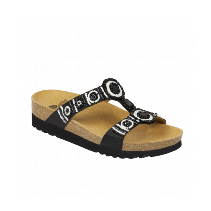 Scholl&reg; New Bogot&agrave; Wedge Sandalo Donna Tessuto+Perline Plantare Bioprint&reg; Colore Black&White Misura 36