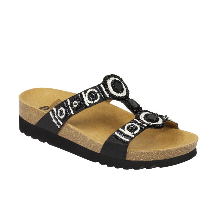 Scholl&reg; New Bogot&agrave; Wedge Sandalo Donna Tessuto+Perline Plantare Bioprint&reg; Colore Black&White Misura 41