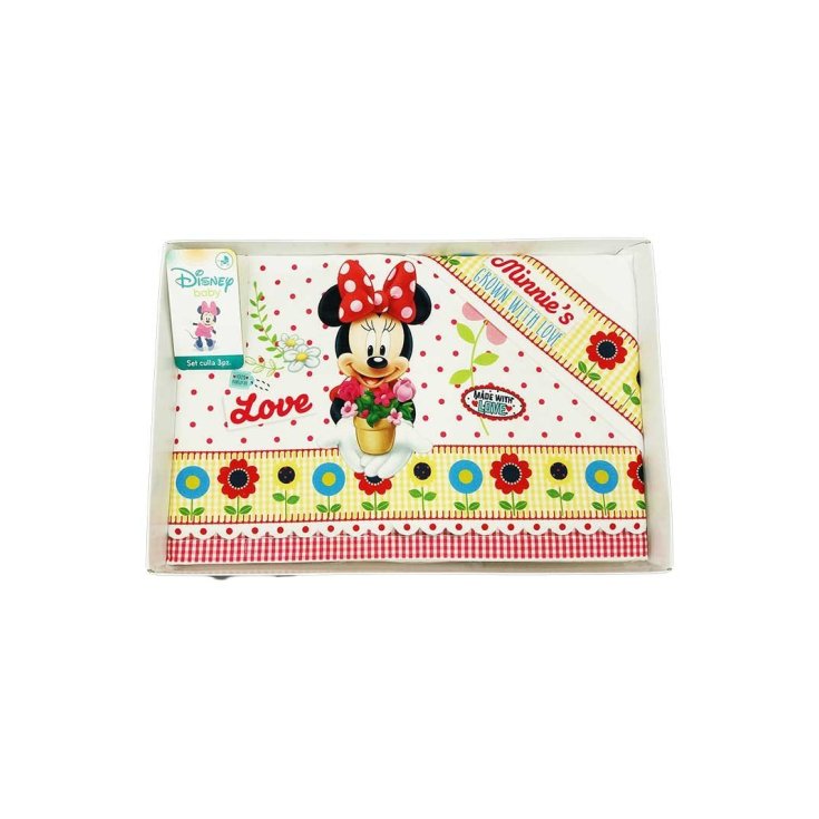 Completo 3pz culla carrozzina bimba neonato lenzuolo stampa Minnie Disney baby bianco fucsia TU