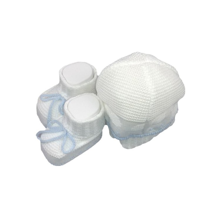 Set 2pz cappello cappellino scarpine cotone La Rocca bimbo neonato bianco cielo TU