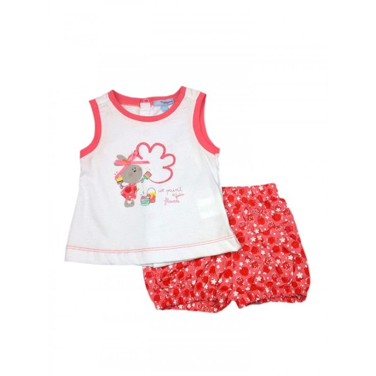 Completo 2pz maglia canotta pantaloncino bimba neonato senza manica Yatsi bianco corallo 3 m