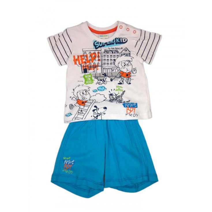 Completo 2pz maglia pantaloncino bimbo neonato mezza manica Yatsi bianco azzurro 6 m