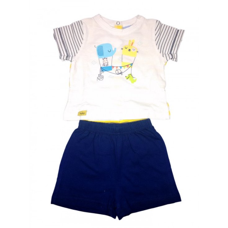 Completo 2pz maglia pantaloncino bimbo neonato mezza manica Yatsi bianco blu 3 m
