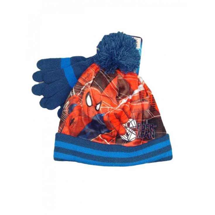 Set 2pz cappello cappellino  pon pon guanti bimbo bambino uomo ragno Spiderman blu tg 52