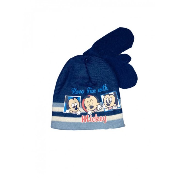 Set 2pz cappello cappellino muffole guanti bimbo bambino Disney baby Mickey blu tg 48