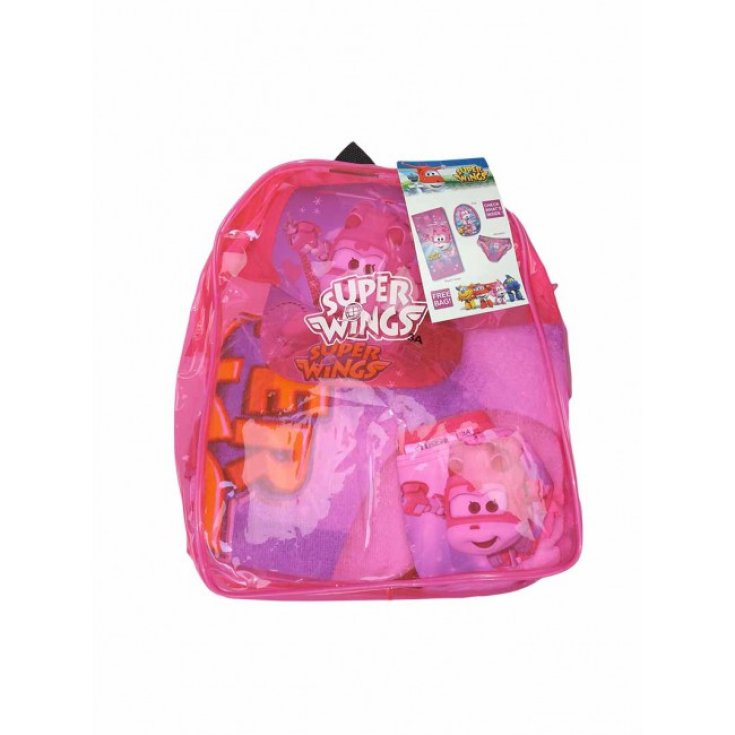Set mare zaino telo cappello costumino slip costume da bagno bimba bambina Super Wings fucsia 3A