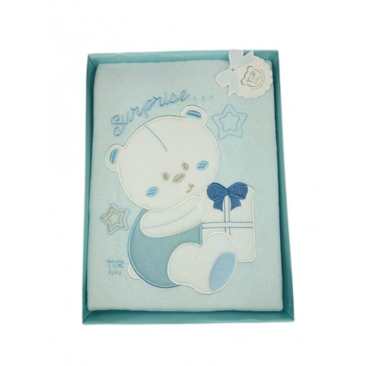 Copertina coperta culla carrozzina bimbo neonato ricamo orsetto T&R celeste TU