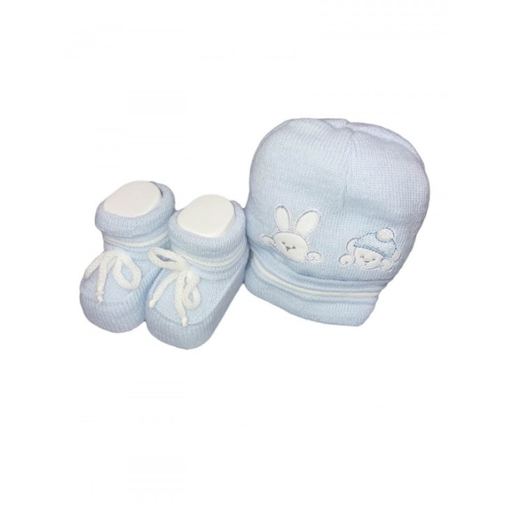 Set 2pz cappello cappellino scarpine lana La Rocca bimbo neonato ricamato cielo TU